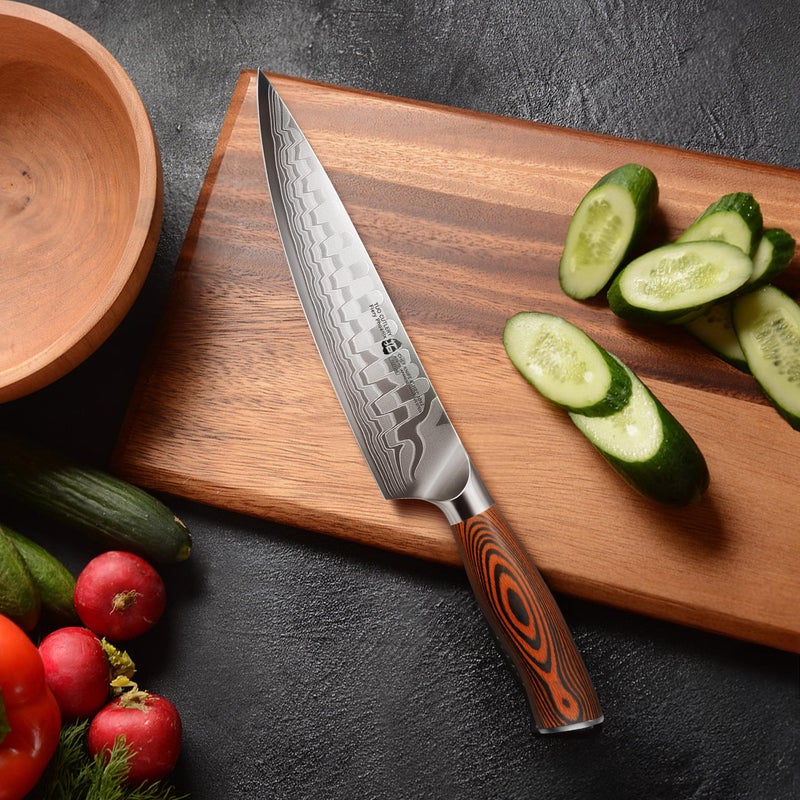 TUO سكين شيف TUO 8" من الفولاذ الياباني AUS-10، سكين مطبخ داماسكوس ب67 طبقة، شفرة من الفولاذ عالي الكربون بنمط التنين ومقبض باكاوود - Image 4